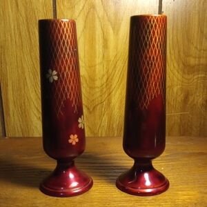 Elegant Red Lacquerware Floral Bud Vases Made By Hand Occupied Japan